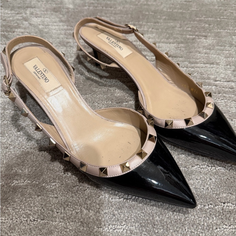 Valentino Garavani Two-Tone Rockstud Pointed Slingback Heels in Black and Nude